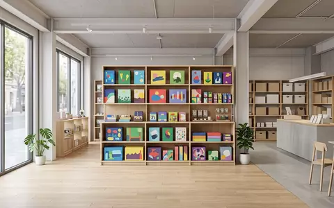 Architektur-Render im Spielefachgeschaeft mit Kartenspiel zum Thema Skyjo, neutrales Tageslicht, sachlich dargestellt - Foto: THN