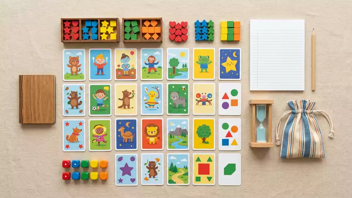 Flatlay-Arrangement rund um Kartenspiel mit passenden Requisiten von oben, neutral