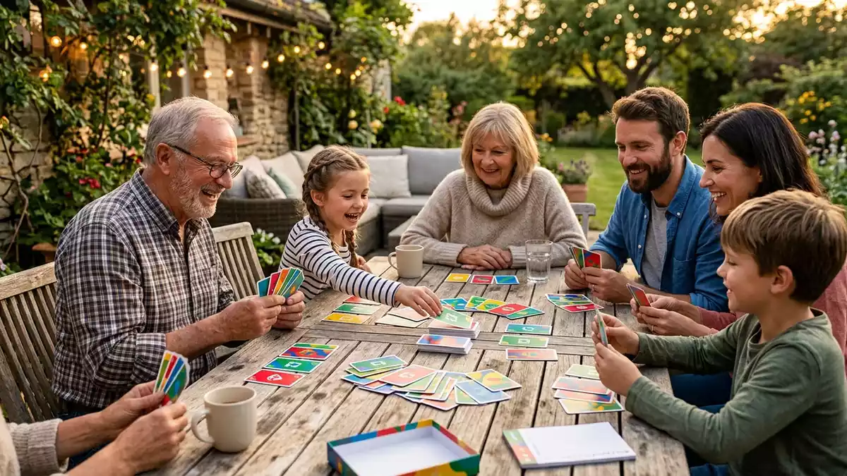 Fotorealistische Ansicht von Kartenspiel auf der Terrasse in warmem Abendlicht