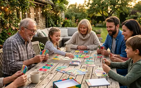 Fotorealistische Aufnahme von Kartenspiel auf der Terrasse zum Thema Skyjo, warmes Abendlicht - Foto: THN