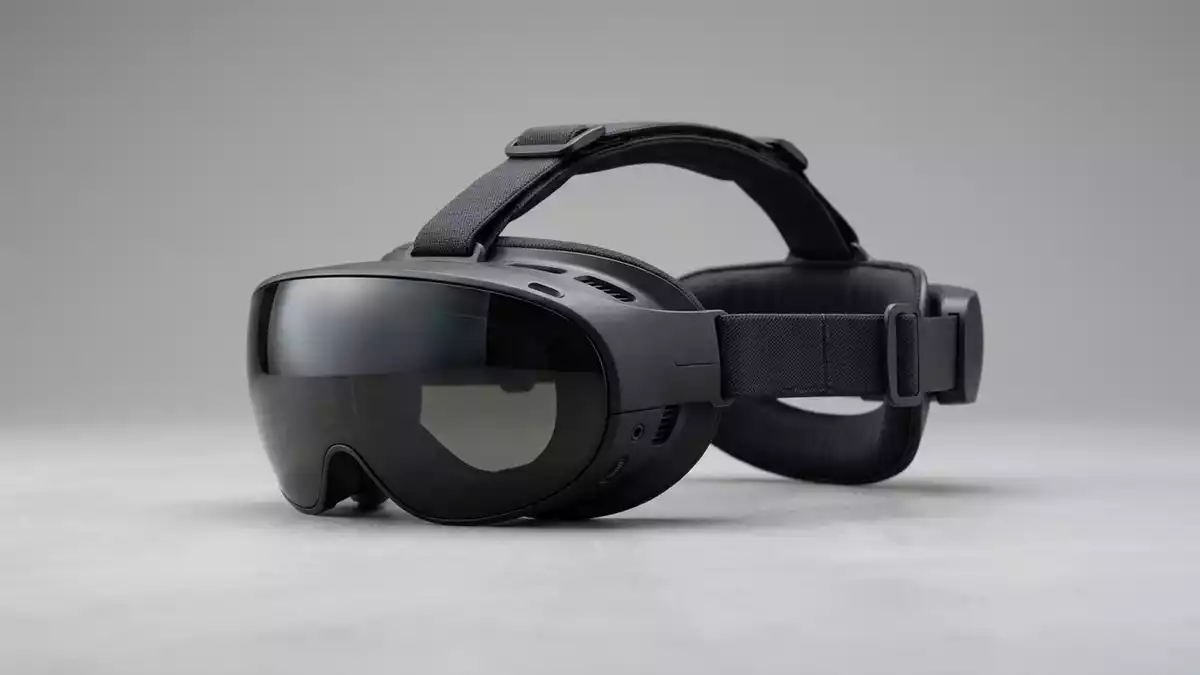 Fotorealistische Studioansicht von AR-Headset in neutraler Produktdarstellung, neutral