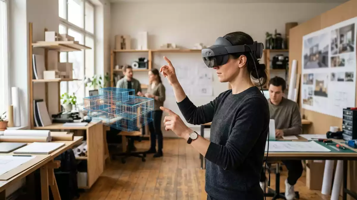 Fotorealistische Ansicht von AR-Headset im Designstudio in realer Umgebung, neutral