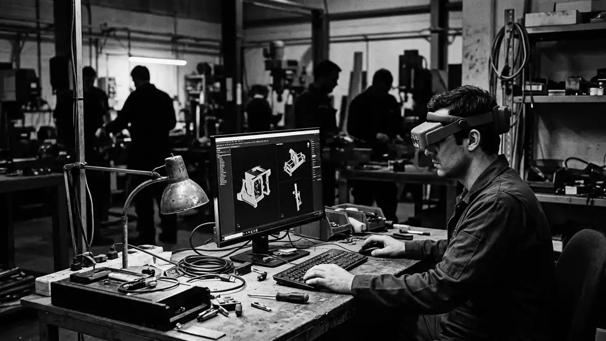 Schwarzweiss-Reportagebild mit AR-Headset in dokumentarischer Arbeitsumgebung, neutral