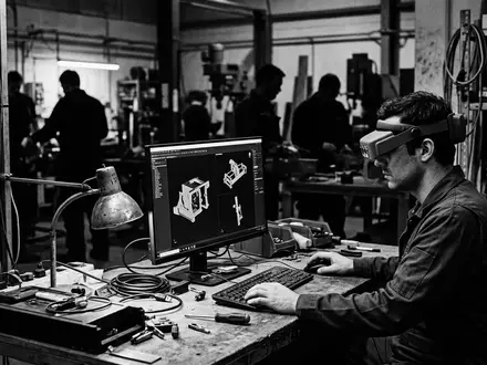 Schwarzweiss-Reportage mit AR-Headset zum Thema Magic Leap 2 AR-Headset, hoher Kontrast, sachlich dargestellt - Foto: THN