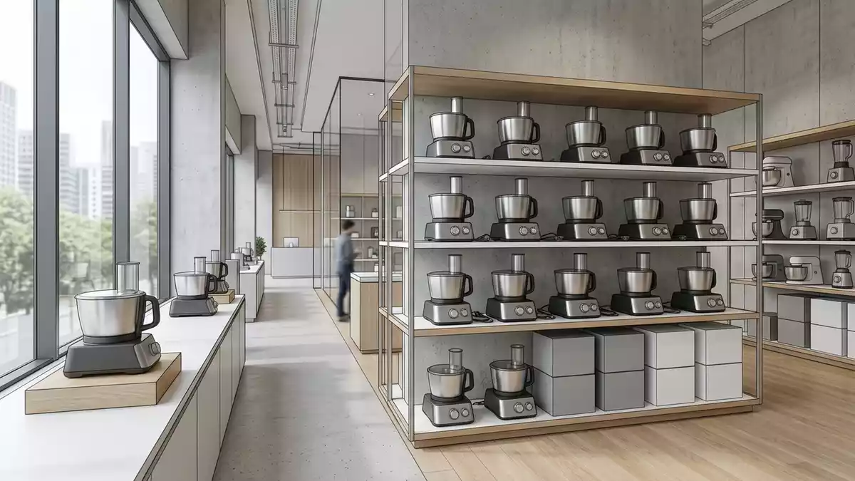 Architektur-Render im Kuechenfachgeschaeft mit Kuechenmaschine im Ausstellungsbereich