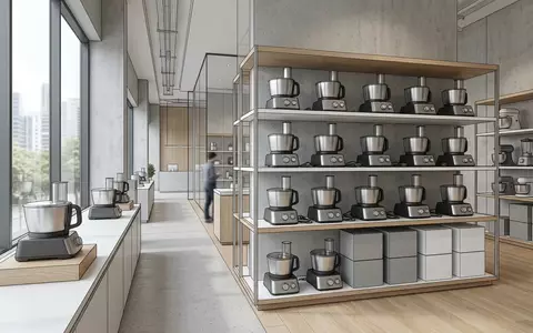 Architektur-Render im Kuechenfachgeschaeft mit Kuechenmaschine zum Thema Magimix Cook Expert Küchenmaschine, neutrales Tageslicht - Foto: THN
