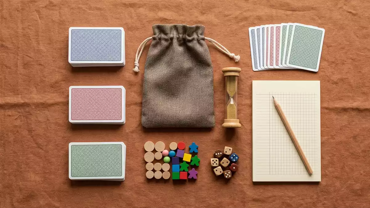 Flatlay-Arrangement rund um Kartenspiel mit passenden Requisiten von oben, neutral
