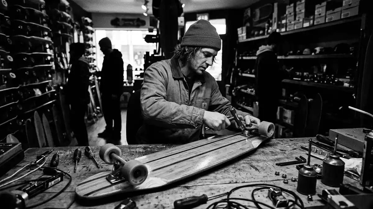 Schwarzweiss-Reportagebild mit Longboard in dokumentarischer Arbeitsumgebung, neutral
