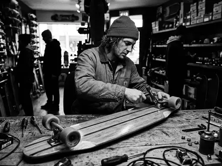 Schwarzweiss-Reportage mit Longboard zum Thema Magneto 44 Zoll Longboard, hoher Kontrast, sachlich dargestellt - Foto: THN