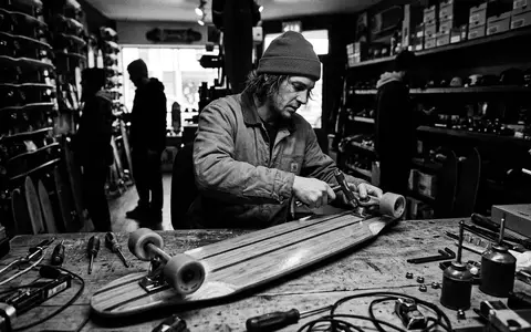 Schwarzweiss-Reportage mit Longboard zum Thema Magneto 44 Zoll Longboard, hoher Kontrast, sachlich dargestellt - Foto: THN
