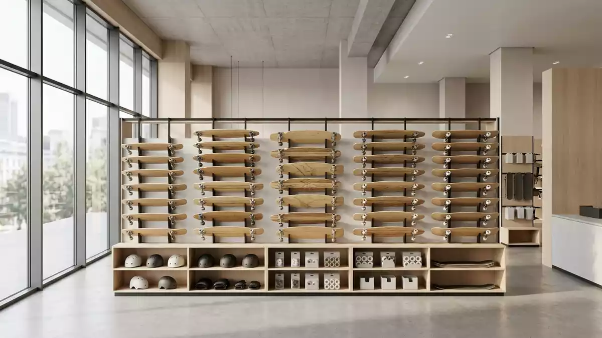 Architektur-Render im Boardsportgeschaeft mit Longboard im Ausstellungsbereich