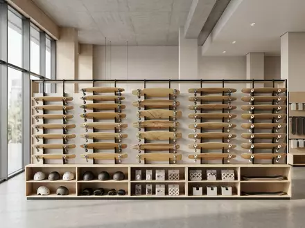 Architektur-Render im Boardsportgeschaeft mit Longboard zum Thema Magneto 44 Zoll Longboard, neutrales Tageslicht - Foto: THN