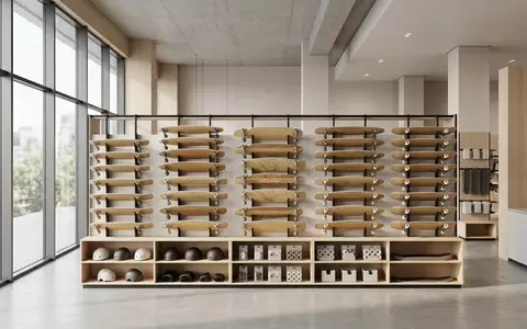 Architektur-Render im Boardsportgeschaeft mit Longboard zum Thema Magneto 44 Zoll Longboard, neutrales Tageslicht - Foto: THN