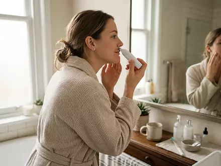 Fotorealistische Aufnahme von Gesichtstrimmer im Badezimmer zum Thema Finishing Touch Flawless Gesichtshaarentferner, natuerliches Licht - Foto: THN
