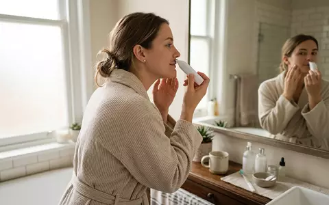 Fotorealistische Aufnahme von Gesichtstrimmer im Badezimmer zum Thema Finishing Touch Flawless Gesichtshaarentferner, natuerliches Licht - Foto: THN