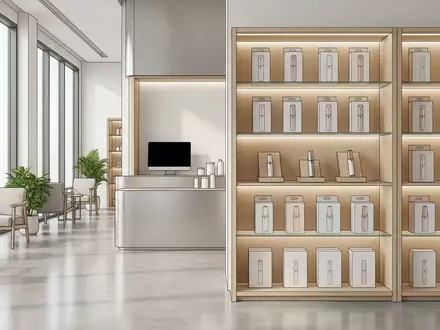 Architektur-Render im Kosmetikgeschaeft mit Gesichtstrimmer zum Thema Finishing Touch Flawless Gesichtshaarentferner, neutrales Tageslicht - Foto: THN