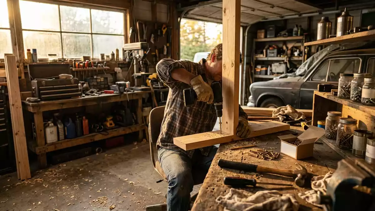 Fotorealistische Ansicht von Holzschrauben in der Garage in warmem Abendlicht, neutral