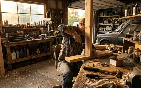 Fotorealistische Aufnahme von Holzschrauben in der Garage zum Thema Fischer Power-Fast Schrauben 4x40mm, warmes Abendlicht - Foto: THN
