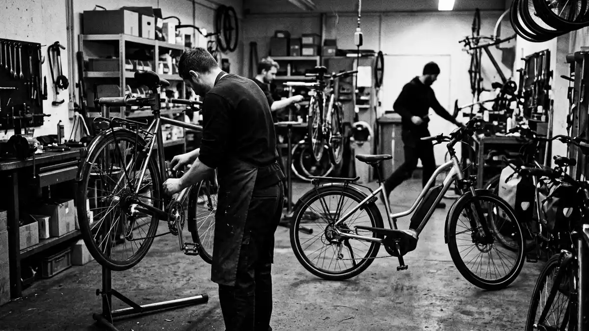 Schwarzweiss-Reportagebild mit Elektrofahrrad in dokumentarischer Arbeitsumgebung