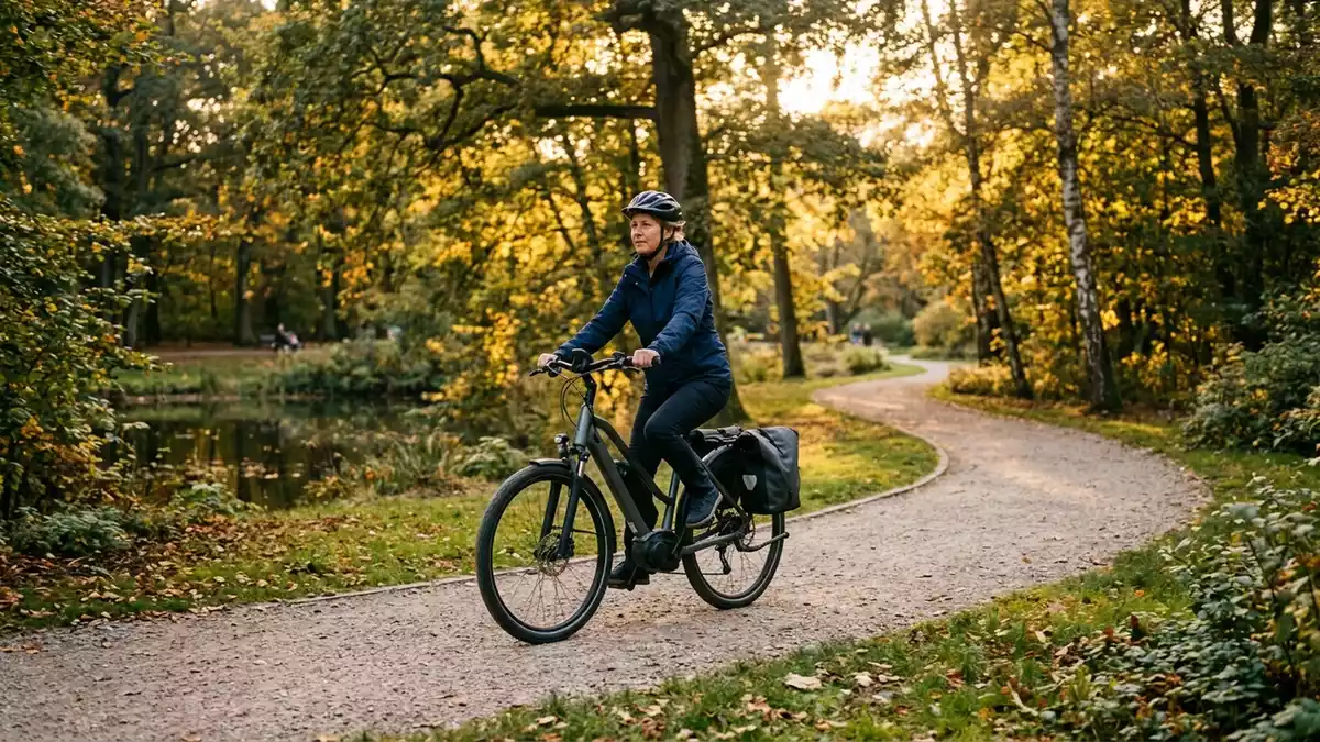 Fotorealistische Ansicht von Elektrofahrrad im Park in warmem Abendlicht, neutral