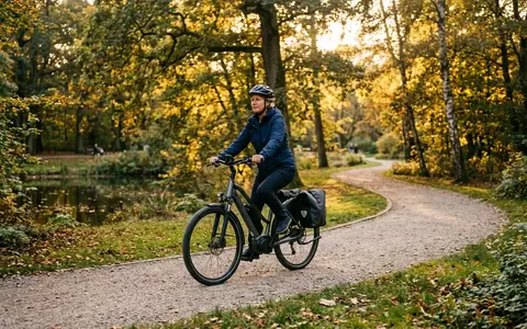 Fotorealistische Aufnahme von Elektrofahrrad im Park zum Thema Fischer ETH 1861.1 E-Bike, warmes Abendlicht - Foto: THN