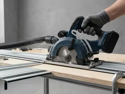 Fotorealistische Studioaufnahme von Akku-Tauchsaege zum Thema Festool TSC 55 REBS, klare Lichtfuehrung - Foto: THN
