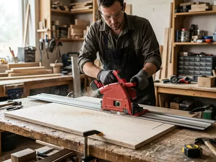 Fotorealistische Aufnahme von Akku-Tauchsaege in der Werkstatt zum Thema Festool TSC 55 REBS, natuerliches Licht - Foto: THN
