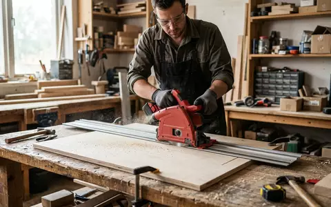 Fotorealistische Aufnahme von Akku-Tauchsaege in der Werkstatt zum Thema Festool TSC 55 REBS, natuerliches Licht - Foto: THN