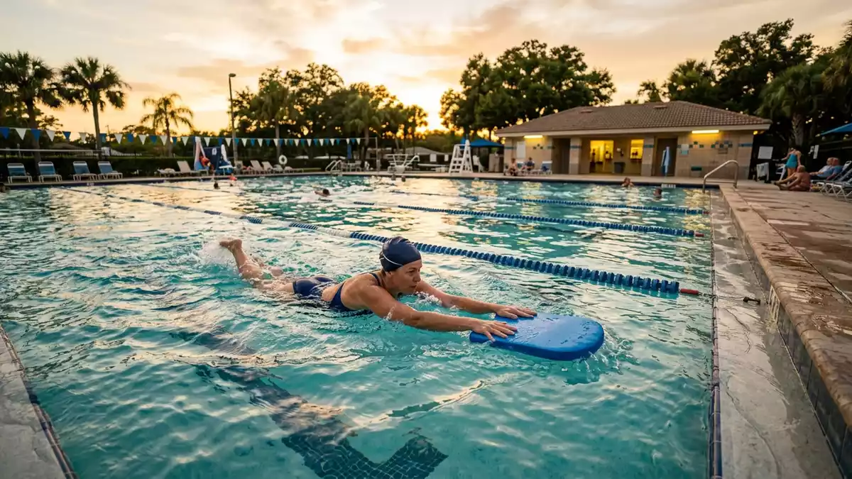Fotorealistische Ansicht von Schwimmbrett am Freibad in warmem Abendlicht, neutral