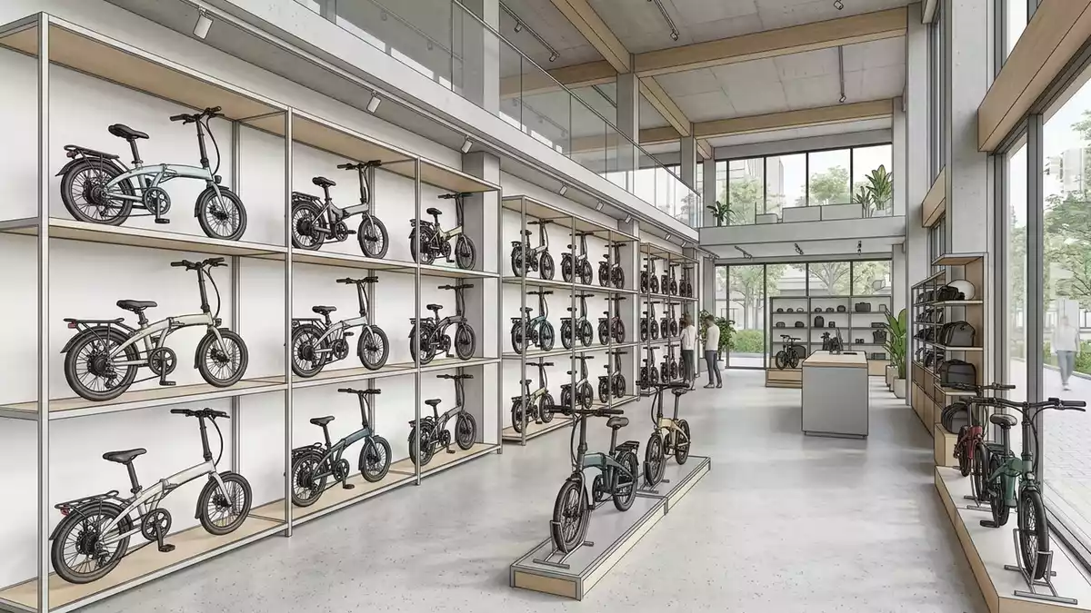 Architektur-Render im Fahrradgeschaeft mit Elektro-Klapprad im Ausstellungsbereich
