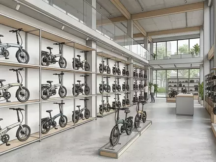 Architektur-Render im Fahrradgeschaeft mit Elektro-Klapprad zum Thema Finbike CityBike Klapprad E-Bike, neutrales Tageslicht - Foto: THN