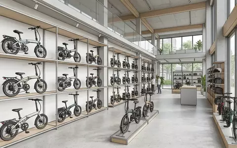 Architektur-Render im Fahrradgeschaeft mit Elektro-Klapprad zum Thema Finbike CityBike Klapprad E-Bike, neutrales Tageslicht - Foto: THN