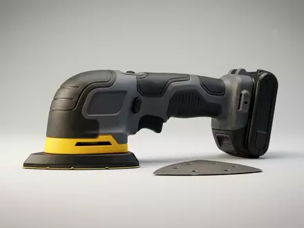 Fotorealistische Studioaufnahme von Akku-Deltaschleifer zum Thema Festool DTSC 400 Akku-Deltaschleifer, klare Lichtfuehrung - Foto: THN