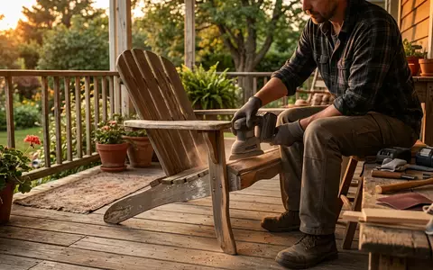 Fotorealistische Aufnahme von Akku-Deltaschleifer auf der Veranda zum Thema Festool DTSC 400 Akku-Deltaschleifer, warmes Abendlicht - Foto: THN