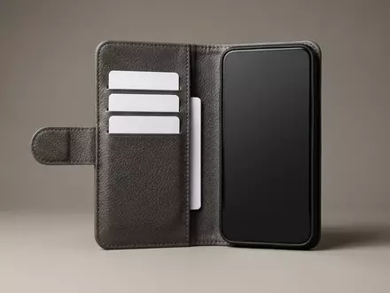 Fotorealistische Studioaufnahme von Klapphuelle zum Thema TUCCH Wallet Case iPhone, klare Lichtfuehrung - Foto: THN