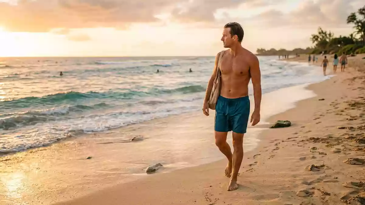 Fotorealistische Ansicht von Badeshorts am Strand in warmem Abendlicht, neutral
