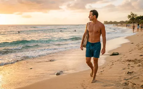 Fotorealistische Aufnahme von Badeshorts am Strand zum Thema True Religion Herren Badeshorts, warmes Abendlicht - Foto: THN