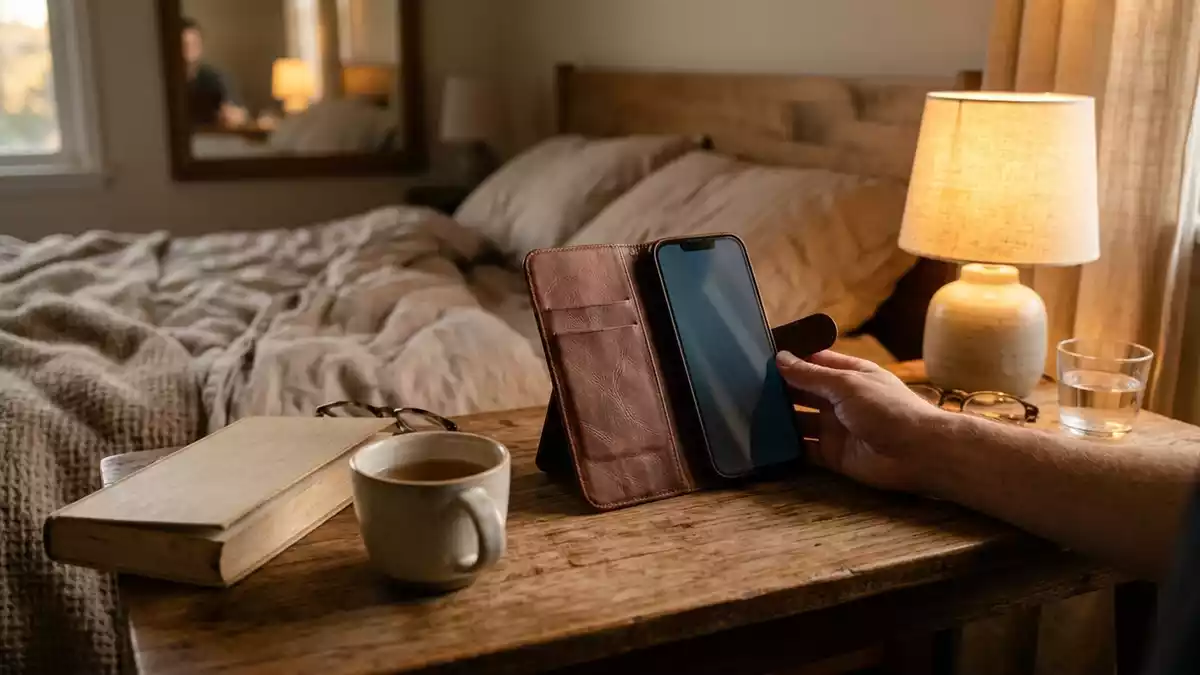 Fotorealistische Ansicht von Lederhuelle am Bett in warmem Abendlicht, neutral