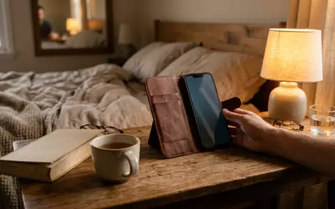Fotorealistische Aufnahme von Lederhuelle am Bett zum Thema TUCCH MagSafe Klapphülle iPhone, warmes Abendlicht - Foto: THN