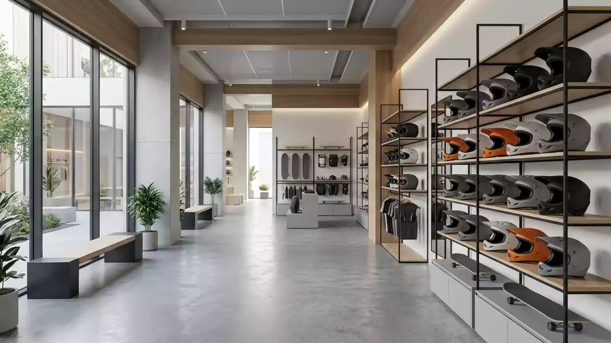 Architektur-Render im Actionsportgeschaeft mit Integralhelm im Ausstellungsbereich