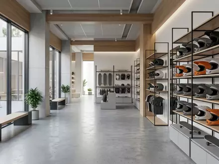 Architektur-Render im Actionsportgeschaeft mit Integralhelm zum Thema TSG Pass Fullface Helm, neutrales Tageslicht - Foto: THN