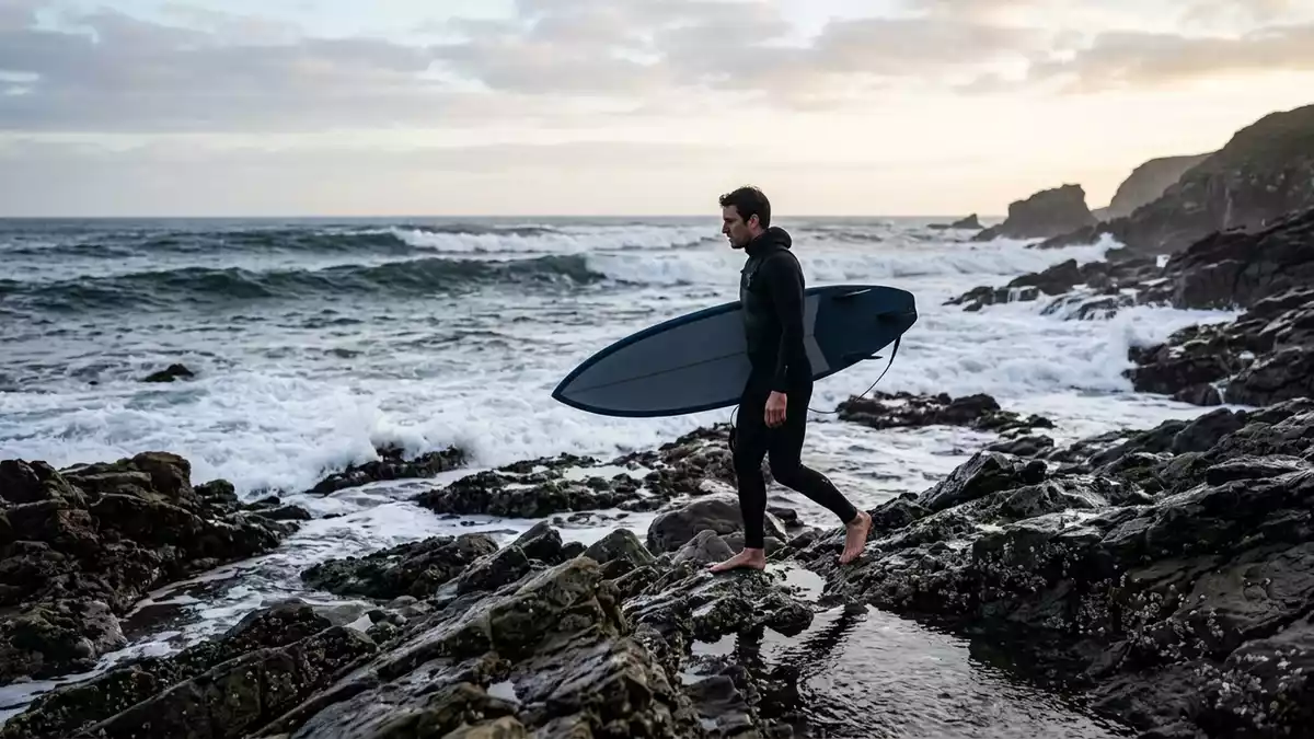 Fotorealistische Ansicht von Neoprenanzug am Strand in realer Umgebung, neutral