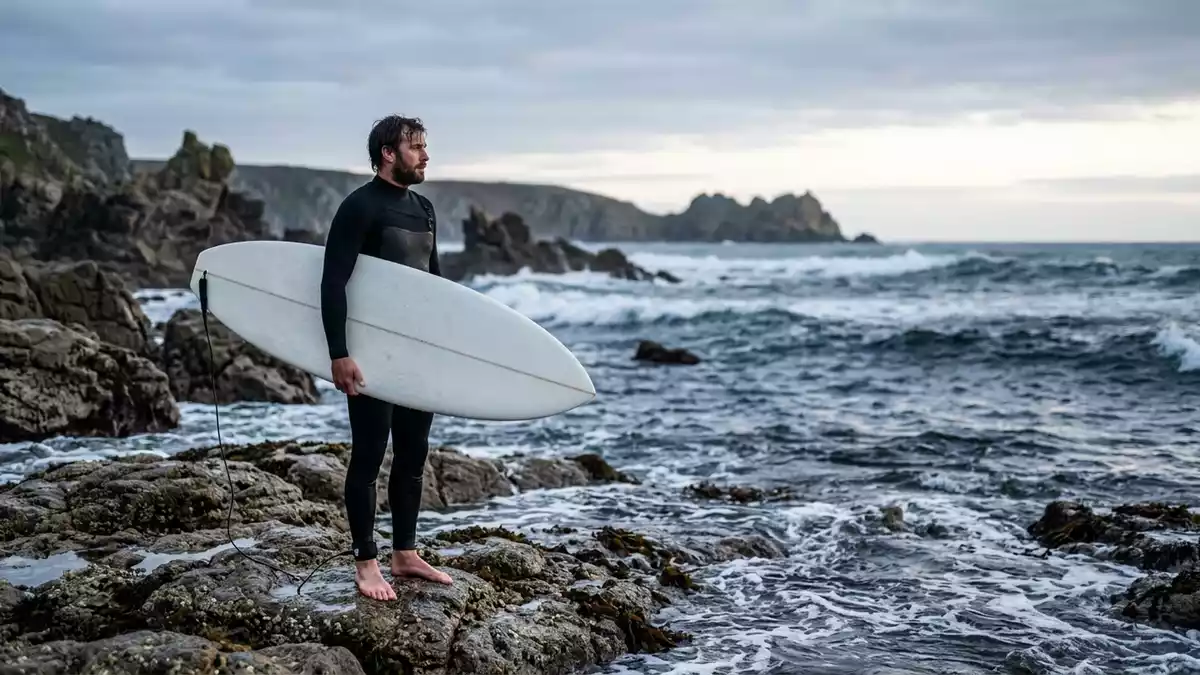 Fotorealistische Ansicht von Neoprenanzug am Strand in realer Umgebung, neutral