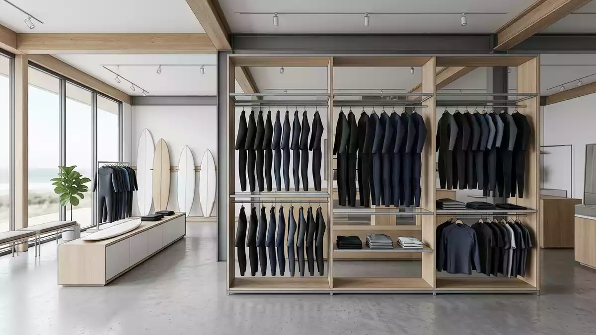 Architektur-Render im Surfshop mit Neoprenanzug im Ausstellungsbereich, neutral