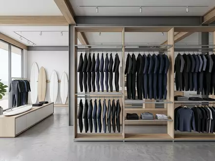 Architektur-Render im Surfshop mit Neoprenanzug zum Thema Rip Curl Herren Dawn, neutrales Tageslicht - Foto: THN