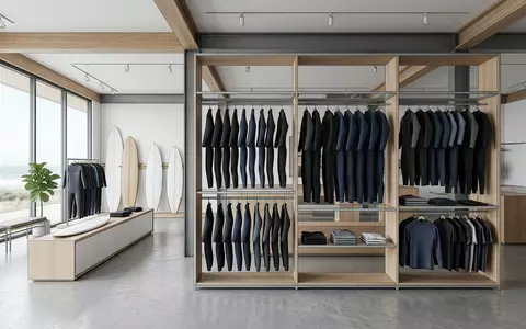 Architektur-Render im Surfshop mit Neoprenanzug zum Thema Rip Curl Herren Dawn, neutrales Tageslicht - Foto: THN