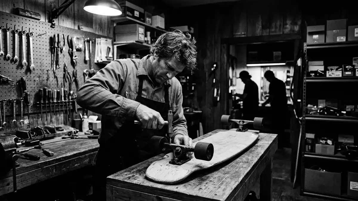 Schwarzweiss-Reportagebild mit Longboard in dokumentarischer Arbeitsumgebung, neutral