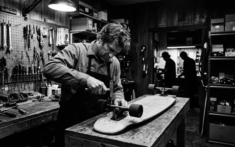 Schwarzweiss-Reportage mit Longboard zum Thema Ridge 41 Zoll Longboard, hoher Kontrast, sachlich dargestellt - Foto: THN