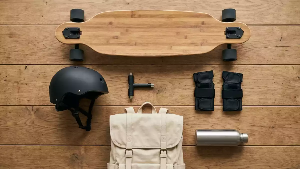 Flatlay-Arrangement rund um Longboard mit passenden Requisiten von oben, neutral
