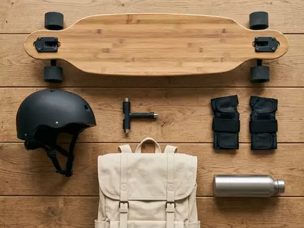 Flatlay-Arrangement rund um Longboard zum Thema Ridge 41 Zoll Longboard, weiches Oberlicht - Foto: THN